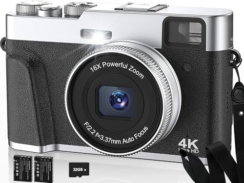 4K Digital Camera for Photography, Autofocus 48MP Vlogging Camera with Flash & Viewfinder, Anti-Shake 16X Zoom Portable Travel Point and Shoot Camera,32GB Card, 2 Batteries