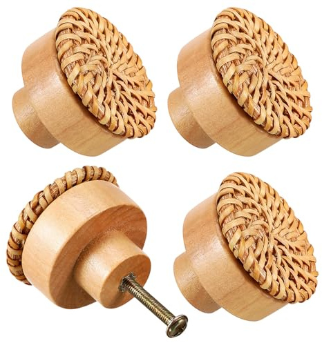 BAZEITFLOW 4 piezas Pomelos de Ratán y Madera para Muebles Tiradores Redondos Diseño Bohemio Pomos para Instalación Fácil y Agarre Cómodo