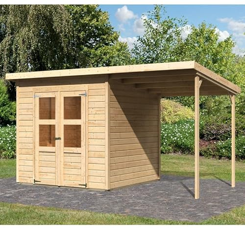 Karibu Merseburg 4 | Abri de Jardin Bois Brut 4,5m² avec Appentis | Double Porte Semi-Vitrée, Toit Plat, Traitement Autoclave | Dimensions 390x236cm