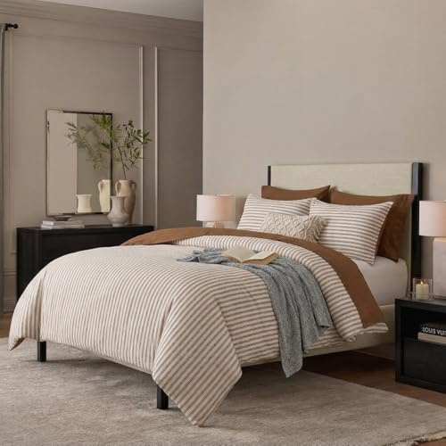DAUAOTO Linen Blend Queen Size Duvet Cover Set - 92x88 Duvet Cover + 2 Shams, 55% Linen 45% Cotton Bedding Sets, Striped Tobacco Brown