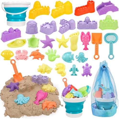 GSrenyu 30Pcs Beach Toy Set,Foldable Beach Bucket with Sea Animals Molds Sand Shovels Mesh Bag,Play Sand Toys Kit Outdoor Fun Tools for Kids Boys Girls