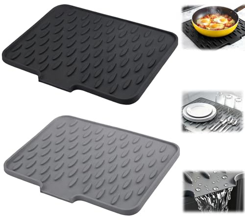 Silikon Abtropfmatte 2er Set (40x32,5 cm) – Abtropfmatte Spüle & Küche, Geschirrabtropfmatte / Spülmatte für Geschirr, rutschfest & hitzebeständig, lebensmittelecht, mit Ablauföffnung, Schwarz+Grau