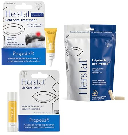 Herstat Complete Cold Sore Routine | Cold Sore Care Outbreak Ointment + Daily Lip Care Stick + L-Lysine with Propolis Immunity Supplement