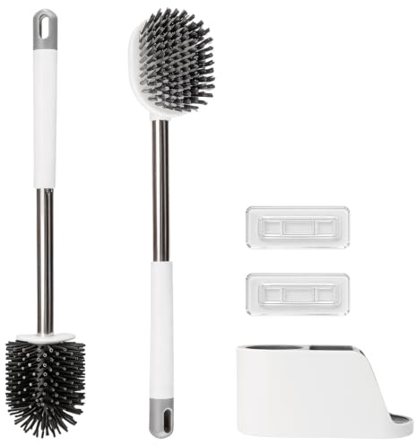 Luabue Escobillas de Baño Silicona Escobilla WC Silicona Gris Blanco | Cepillo y Soporte con Cepillo y Area de Almacenamiento y para WC Montaje Mural/Pie para Baño