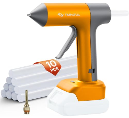 Tilswall 100W Akku-Heißklebepistole, kompatibel mit Makita 18V Akkus, Akku nicht enthalten, 90s Schnellaufheizung, mit 10 Stück 0,43'' Klebesticks für DIY, Basteln und Reparaturen, Gelb