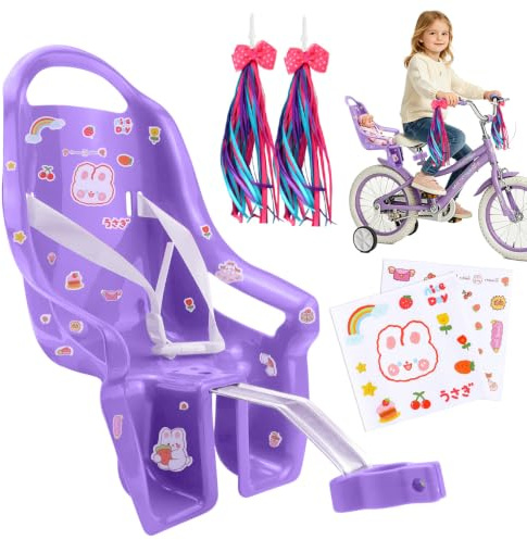 Puppenfahrradsitz für Kinderfahrrad, Universeller Kinderfahrrad Puppensitz mit Aufkleber und Fahrradlenkerquasten, Babypuppen-Fahrradträger, Fahrrad Puppen Sitz, Kinderfahrrad Zubehör für Puppen