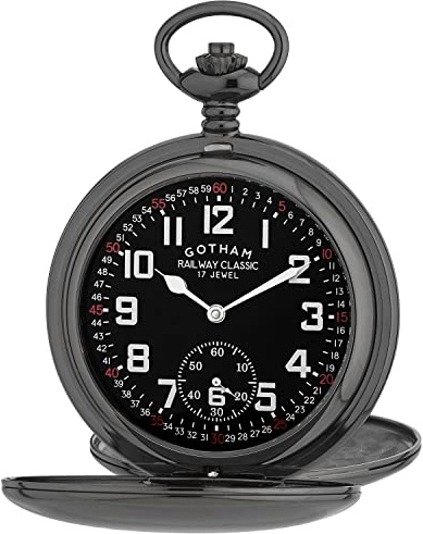 Gotham Men's Gun-Tone Railroad Dial Double Hunter 17 Jewel Mechanical Pocket Watch # GWC18806BBK