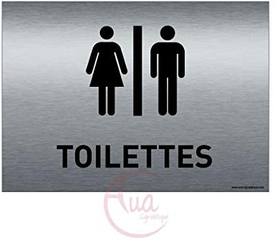 AUA SIGNALETIQUE - Plaque de porte Aluminium brossé imprimé AluSign - 210x150 mm - Double Face adhésif au dos (Toilettes H/F)