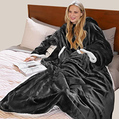Catalonia Classy Decke mit Ärmeln und Kapuze als Geschenk für Frauen Herren, Flauschig Flanell Kuscheldecke mit Ärmeln, Cozy Warm Decke zum Anziehen Ärmeldecke Erwachsene, 185x140cm, Grau