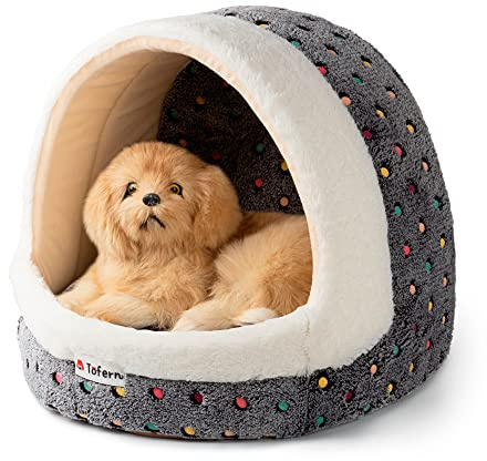Tofern Haustierbett aus Fleece mit bunten Punkten, gestreift, für kleine und mittelgroße Hunde und Katzen, Iglu-Haus, rutschfest, warm, waschbar