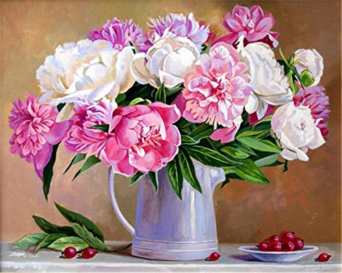 YEESAM ART DIY Ölgemälde Malen nach Zahlen Erwachsene Kinder, Blumen blühen in der Vase Zahlenmalerei ab 5 Öl Wandkunst (Blumen, mit Rahmen)