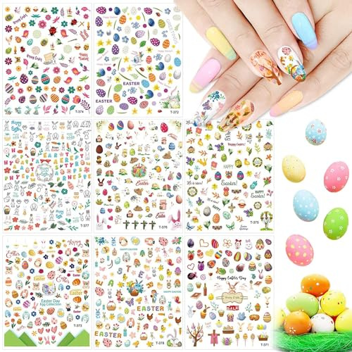 8 Pièces 3D Autocollants à Ongles, Kalolary Pâques Oeufs Lapins Poussin Modèle Nail Art Sticker Ongles Paillettes Autocollants à Ongles Autocollants Auto-adhésives DIY Nail Décoration