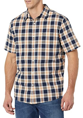 Amazon Essentials Men's Short-Sleeve Stretch Poplin Shirt (Available in Big & Tall), Navy Peach Plaid, 4XL Plus