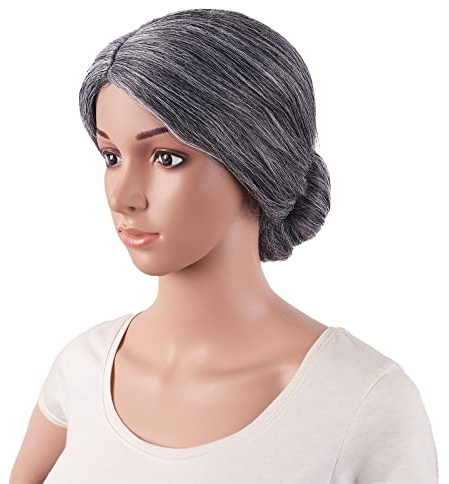 MapofBeauty 10 Zoll/25 cm Grau Grandmother Haarfasern Lady Kostüm Granny Mit Perücke als gewickelte Haare Cosplay Partys Perücke (Dunkel Grau)
