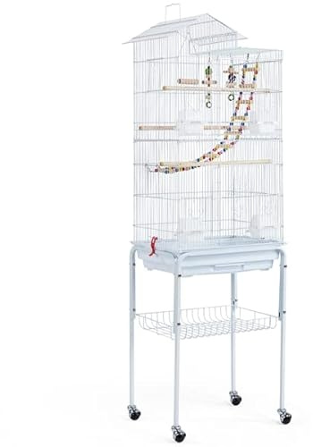 Abician Cage à Oiseaux Décorative en Métal avec Support Détachable à Roulette Cage à Perruche avec Jouets Perchoirs Plateau Coulissant Cage pour Les Petits Oiseaux 158,5 cm Blanc