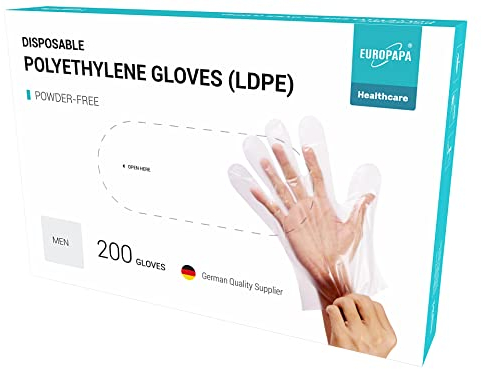 EUROPAPA 200 Stück Vorteilspack LDPE Einweghandschuhe in Box Einmalhandschuhe latexfrei puderfrei Handschuhe in Herren Größe (Herren-200)