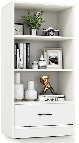 KOMFOTTEU 4 Ebenen Bücherregal, Standregal aus Holz, Bücherschrank mit 1 Schublade, Regal für Büro Wohnzimmer Küche, 60 x 38 x 120 cm, Weiß (Weiß)