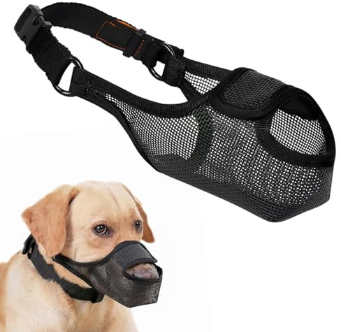 LUCKYPAW Dog Muzzle, Patented Mesh Muzzle for Large Medium Small Dogs Allows Full Pant Drinking Mouth Cover to Prevent Biting Chewing Scavenging Adjustable Breathable Mouth Guard(Black,M)