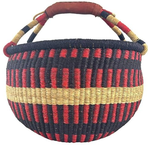 Bolga Korb Afrika - XXL - Das Original aus Ghana - Bunt - Fair Trade - Rund - Viele Farben - Afrikanischer Graskorb mit Ledergriff - Flechtkorb 30-40 cm - Rundkorb mit Wunschdesign (Obuasi)