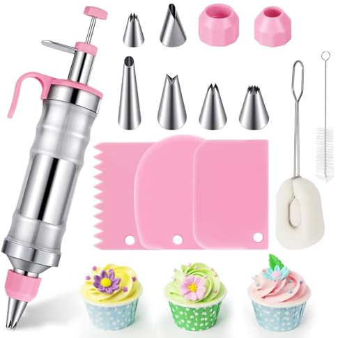 HYEIOL Garnierspritze Edelstahl 14-Teiliges Set, 400ml Tortenspritze Garnierspritze Wiederverwendbarer, Profi Sahnespritze mit 6 Tüllen für Cupcakes, Kuchen Dekoration (Pink)