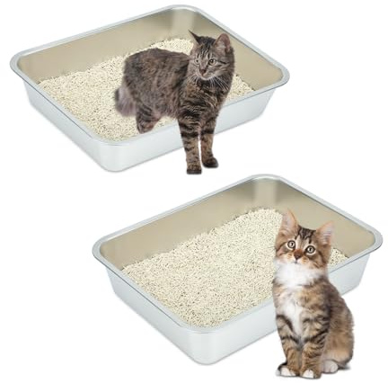 Sbayool 2 Stück Edelstahl Katzenklo Groß, Stainless Steel Cat Litter Box, Offene Katzentoilette Ohne Deckel Hop für Katzen, Antihaft Glatte OberfläChe, Niemals GerüChe, Rostschutz(45 x 35 x 10 cm)