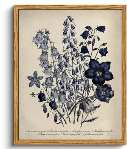 VIYYIEA Vintage Framed Botanical Wall Art Decor, Living Room Bedroom Blue Campanula Pictures Retro Wall Decor, Framed Canvas Prints Artwork, Farmhouse Flower Paintings,8x10 Inch