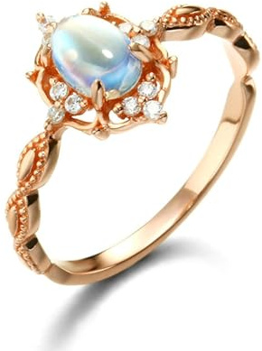 Stfery Rosegold Ring 585 Ring für Frauen Oval Mondstein Ehering Damen Einzeln