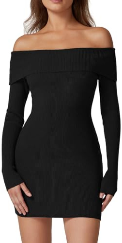 QINSEN Womens Off The Shoulder Sweater Dress Long Sleeve Ribbed Knit Bodycon Y2k Mini Dress Black S