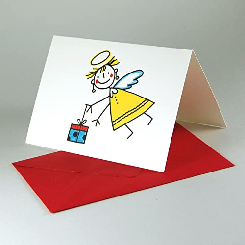 witzige Weihnachtskarte: Engel mit Geschenk, Klappkarte mit rotem Umschlag (Zeichner: Franz Basdera)