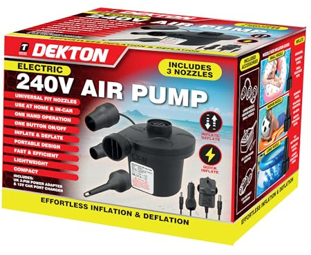 DEKTON Bomba de aire eléctrica 2 en 1 - Inflado y desinflado rápido para colchones de aire, inflables de piscina, equipo de camping | Diseño portátil y ligero | Incluye 2 boquillas | Ideal para uso en