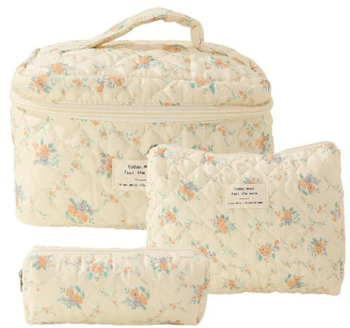 3 Stück Kosmetiktasche Set, Damen Gesteppte Kulturtasche mit Blumenmuster, Reise Kosmetiktasche Set Damen, Tragbare Schminktasche Makeup Bag Waschtasche Groß Frauen Mädchen (Gelbe Orange Blüte)