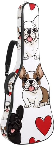 KengjuTesu 43 Zoll Akustikgitarre Softcase mit Rucksackgurt und 2 Taschen Französische Bulldogge Liebe, Keine Polsterung Rucksack Wasserdicht Oxford Tuch Bassgitarre Gigbag für Konzertgitarren,