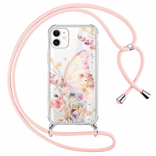 Saqmkil Handykette Handyhülle für iPhone 11 6,1 Hülle mit Band, Durchsichtig Aesthetic Muster Schmetterlinge Mädchen Case mit Kordel zum Umhängen, Weiche Silikon TPU + PC Stoßfest Bumper Schutzhülle