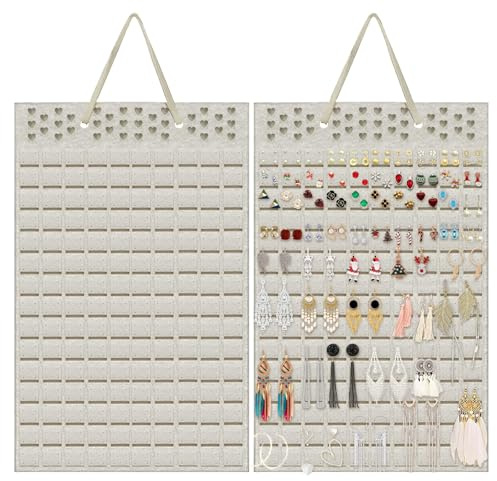 Lot de 2 Porte Boucles D'oreilles à Suspendre, Organiseur de Boucles D'oreilles, peut Contenir Jusqu'à 300 Paires, Porte Boucles D'oreilles avec 150 Feutres, Blanc Cassé