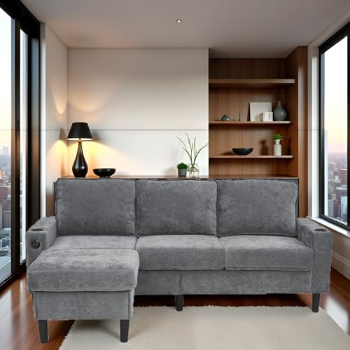 LANTRO JS Corner Sofa, L Shaped Sofa, 3 Seater Sofa with USB Charging Ports and Cup Holder, Sofa 3 Seater Living Room with 2 Side Pockets, Grey