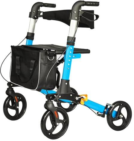 Aufrechter Gehwagen, Vierrädriger Rollator mit Sitz, Ultraleichter Faltbarer Gehwagen für ältere Menschen, Zusammenklappbarer Transportrollstuhl, mit gepolsterter Rückenlehne und Einhand-Faltdesign