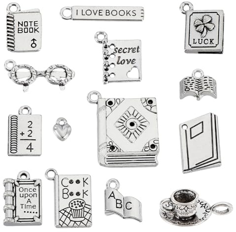 AHANDMAKER 56 ciondoli a forma di libro in argento anticato, con motivo biblioteca, per tazze da caffè, per gioielli fai da te, collane e bracciali