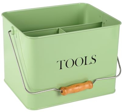 Gzsekken Garden Tool Storage, Metal Garden Caddy with 3 Compartment Wooden Handle, Home Tools Organizer, Gardening Equipment Kit Holder Multi-Purpose Portable Caddy for Shed or Greenhouse