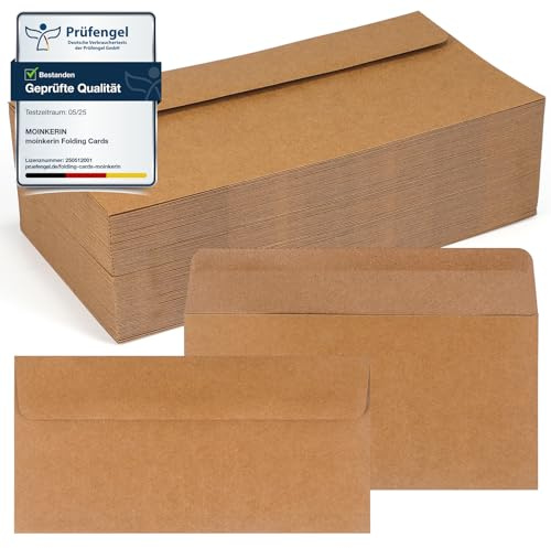 moinkerin 100 Stück Briefumschläge DIN Lang 220x110mm | Braune Umschläge ohne Fenster | 120 g/m² Kraftpapier Kuverts mit Nassklebung | Perfekt für Hochzeit, Einladungen, Geburtstag & Weihnachtskarten
