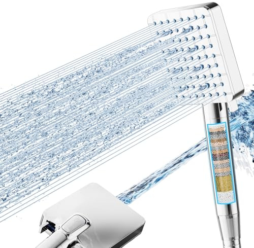 Cobbe Hard Water Filter Shower Head, High Pressure Shower Head and Hose with 20 Stage Filter, 6+1 Spray Modes Square Powerful Built-in Power Wash Showerhead for Residual Chlorine Remove, Chrome
