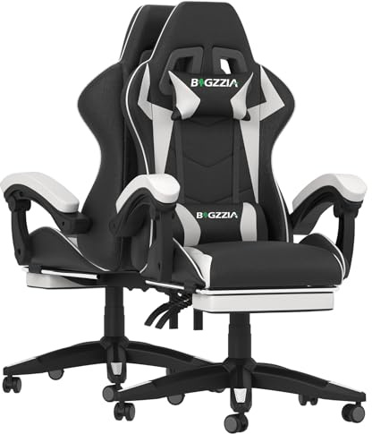 Gaming Chair with Footrest, Ergonomic Computer Racing Chair with Headrest and Lumbar Support, PU Leather High Back Height Adjustable Swivel Game Chairs for Adults (With Footrest, Black/White)
