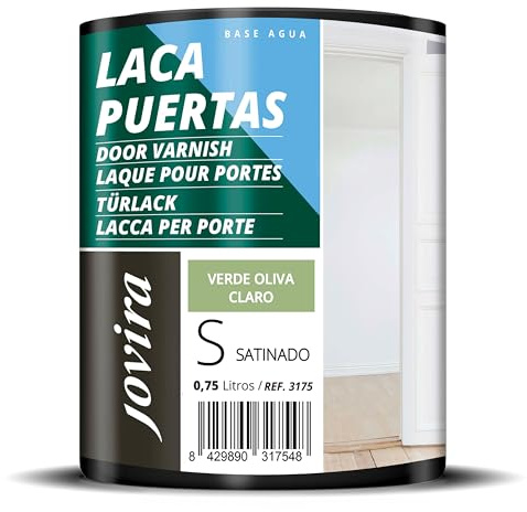 JOVIRA PINTURAS Esmalte Laca Puertas al Agua 750ML Satinado, Renueva y decora las puertas y muebles de madera (750 Mililitros, Verde Oliva Claro) -T