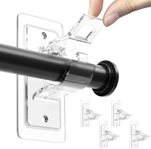 ANDGOO 4 Pack No Drill Curtain Pole Brackets, Adhesive Curtain Rod Holders, Curtain Rod Hooks for 0.5'' to 1.2'' Rods, Renter Friendly Curtain Rod Hangers for Bedroom, Bathroom, Living Room, Apartment