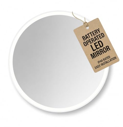 Cypress Round LED Bathroom Mirror Frameless Battery Operated - 500x500mm | Rocker Switch, Wall Mounted, Natural White Lighting, No Mains Wiring, Circular Mirrors, Vanity Use, Modern Style