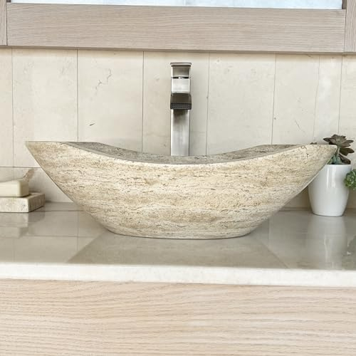 Shades of Nature Oval Travertine Vessel Sink – Natural Stone Wash Basin, Fully Polished Bathroom Sink, Above Counter Vanity Basin (Includes Matching Soap Tray)