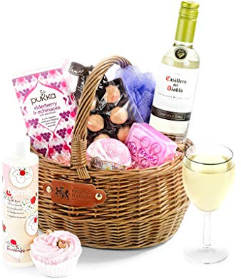Deluxe Spa Gift Basket - Pamper Gift Set with White Wine, Prosecco Truffles, Berry Tea, Bath Bomb - Anniversary Pamper Hamper for Her, from Regency Hampers