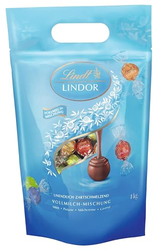Lindt Schokolade LINDOR Kugeln Vollmilch Mischung | 1 KG Beutel, wiederverschließbar | ca. 80 Kugeln in 4 Sorten (Milch, Pistazie, Milchcrème, Caramel) | Großpackung | Schokoladengeschenk