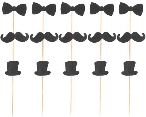 Amosfun 15pcs Little Man Cake Topper wtih Bow Tie Hat and Mustache Cake Picks Funny Birthday Cupcake Toppers for Baby Shower Decoration Ideas Photo Booth Props Kids Party Supplies