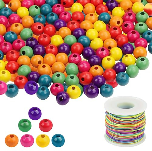 Kurtzy 1000er Pack Runde Bunte Holzperlen zum Auffädeln mit Elastischer Schnur - 7mm Natürliche Holzperlen Bunt für Schmuck, Armbänder, Halskette, Schlüsselanhänger, DIY-Crafts und Heimdeko