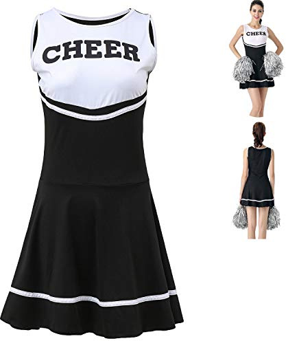 ThreeH Costume de Pom-Pom Girl Déguisements Uniforme Musical pour Femme Tenue de Cheerleading Taille Unique sans Pompon,Black